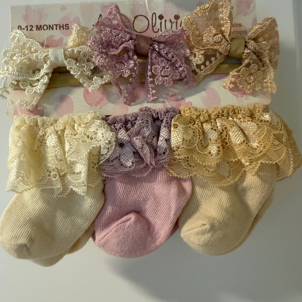 Lace Trim Baby Socks & Bow Headband Set - Cream, Pink, Gold. 0-12mo